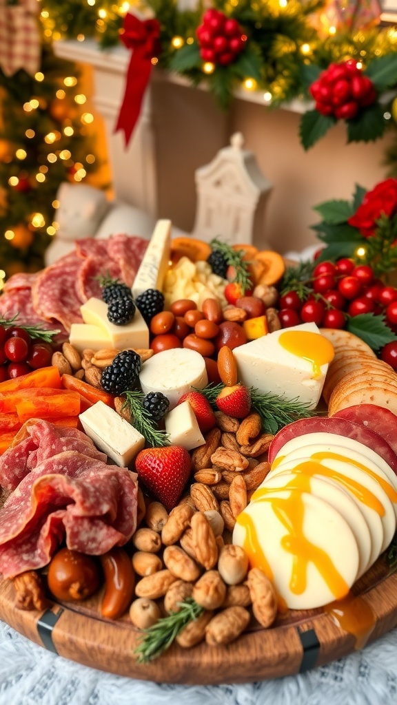 A festive charcuterie board with cured meats, cheeses, fruits, nuts, and honey, set in a holiday-themed atmosphere.